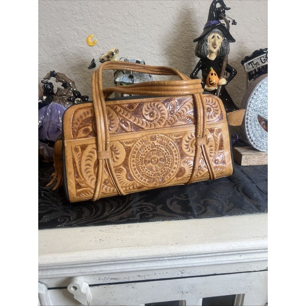 Vintage Corvi Piel Mexico Hand Tooled Aztec Calendar Floral Leather Handbag